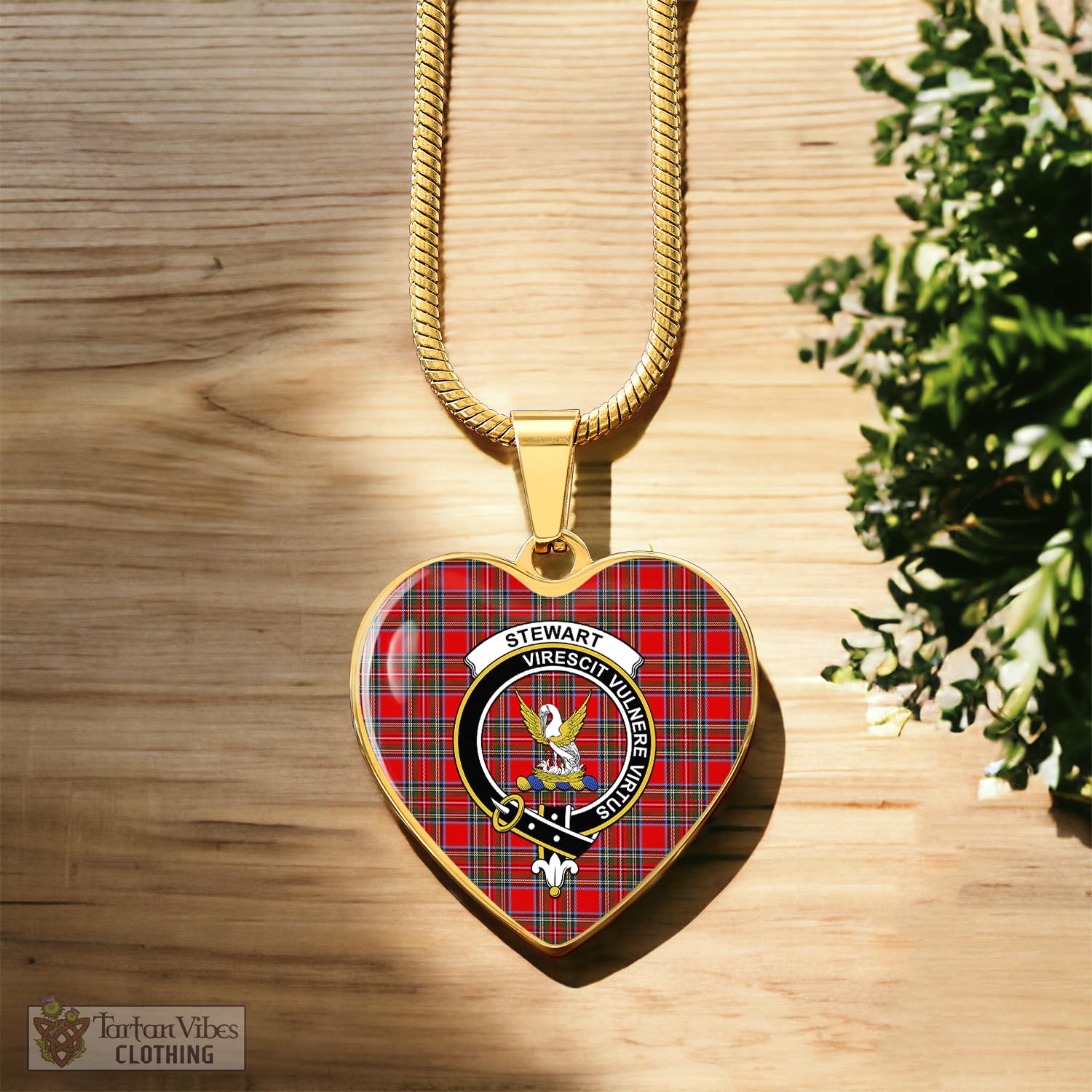 Tartan Vibes Clothing Stewart Royal Tartan Heart Necklace with Family Crest