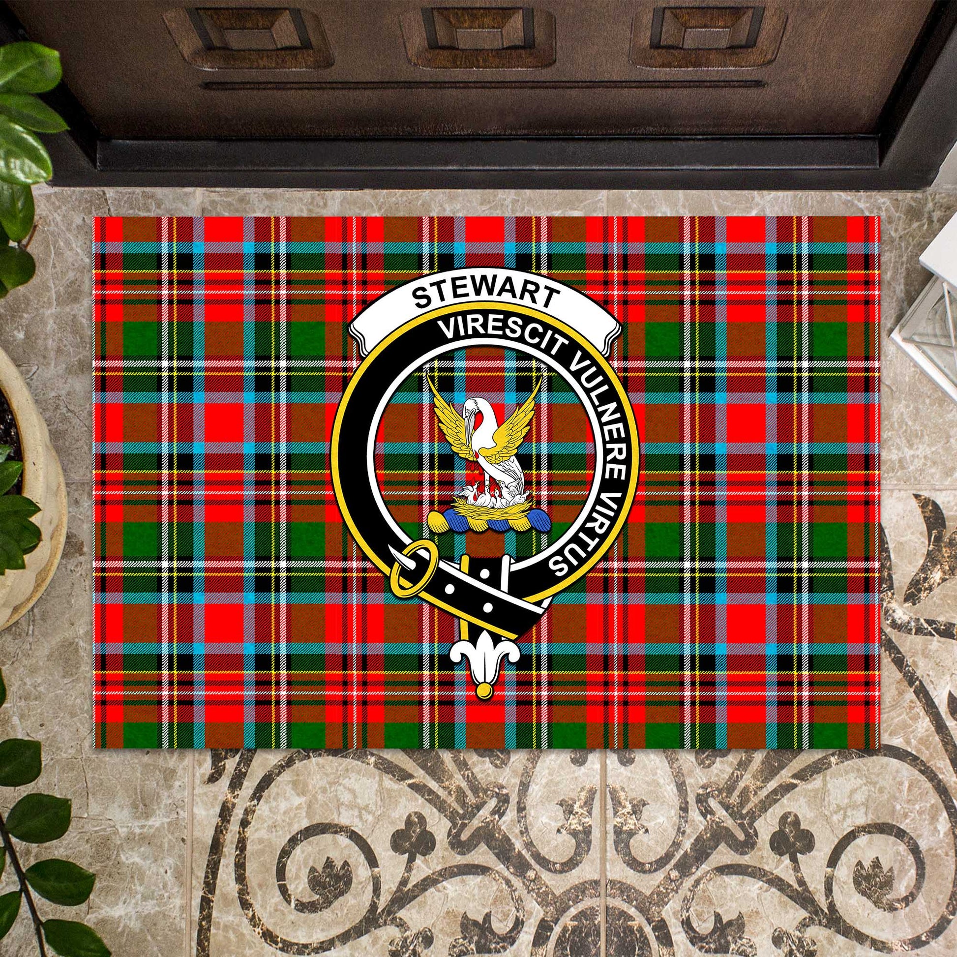 Stewart Royal Tartan Door Mat with Family Crest - Tartanvibesclothing Shop