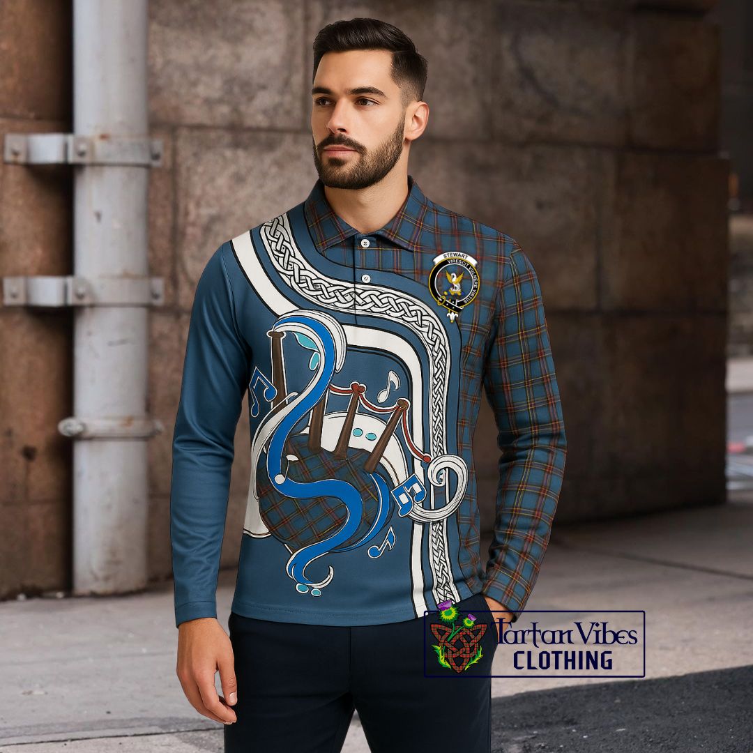 Stewart Royal Blue Tartan Long Sleeve Polo Shirt with Epic Bagpipe Style