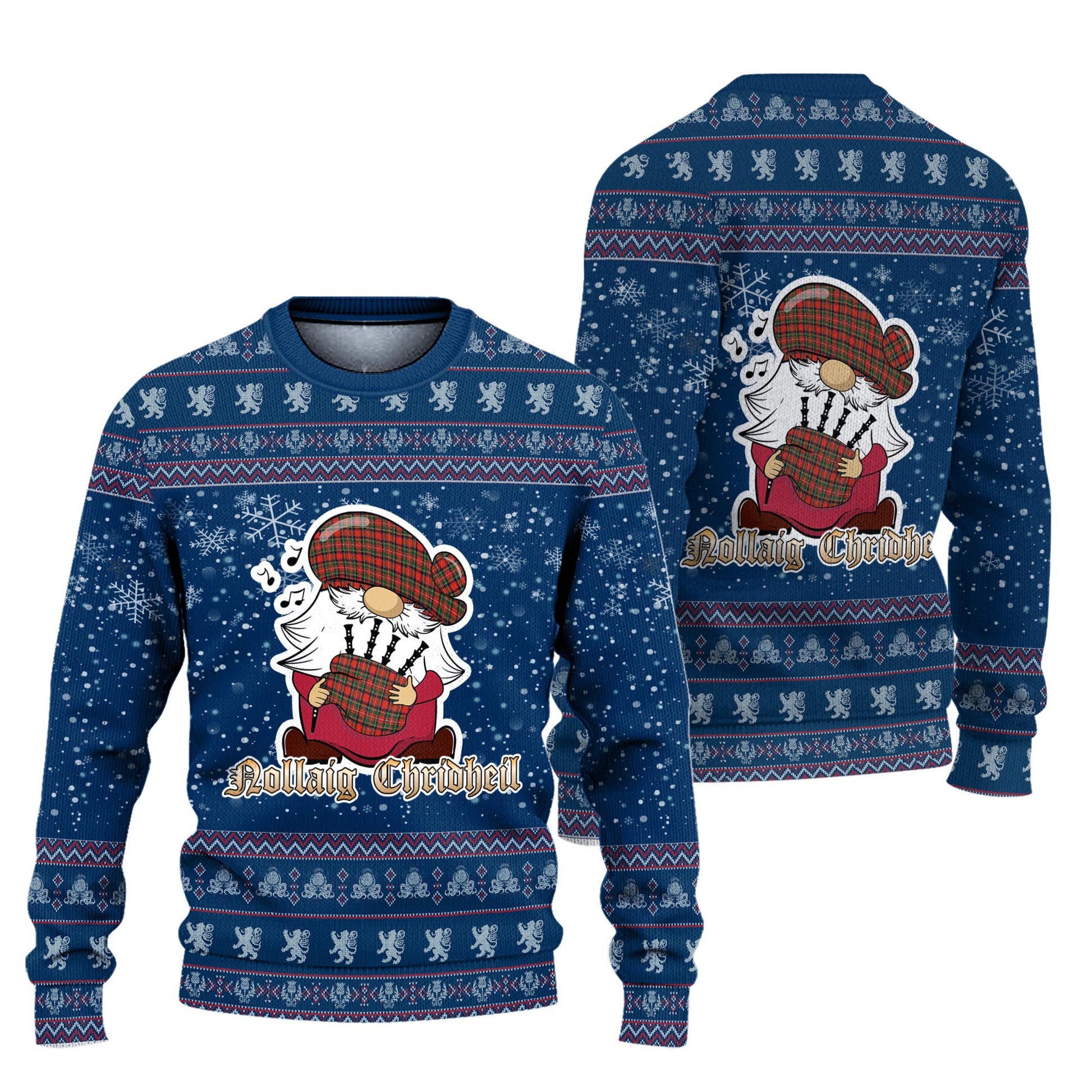 Stewart Royal Modern Clan Christmas Family Knitted Sweater with Funny Gnome Playing Bagpipes Unisex Blue - Tartanvibesclothing