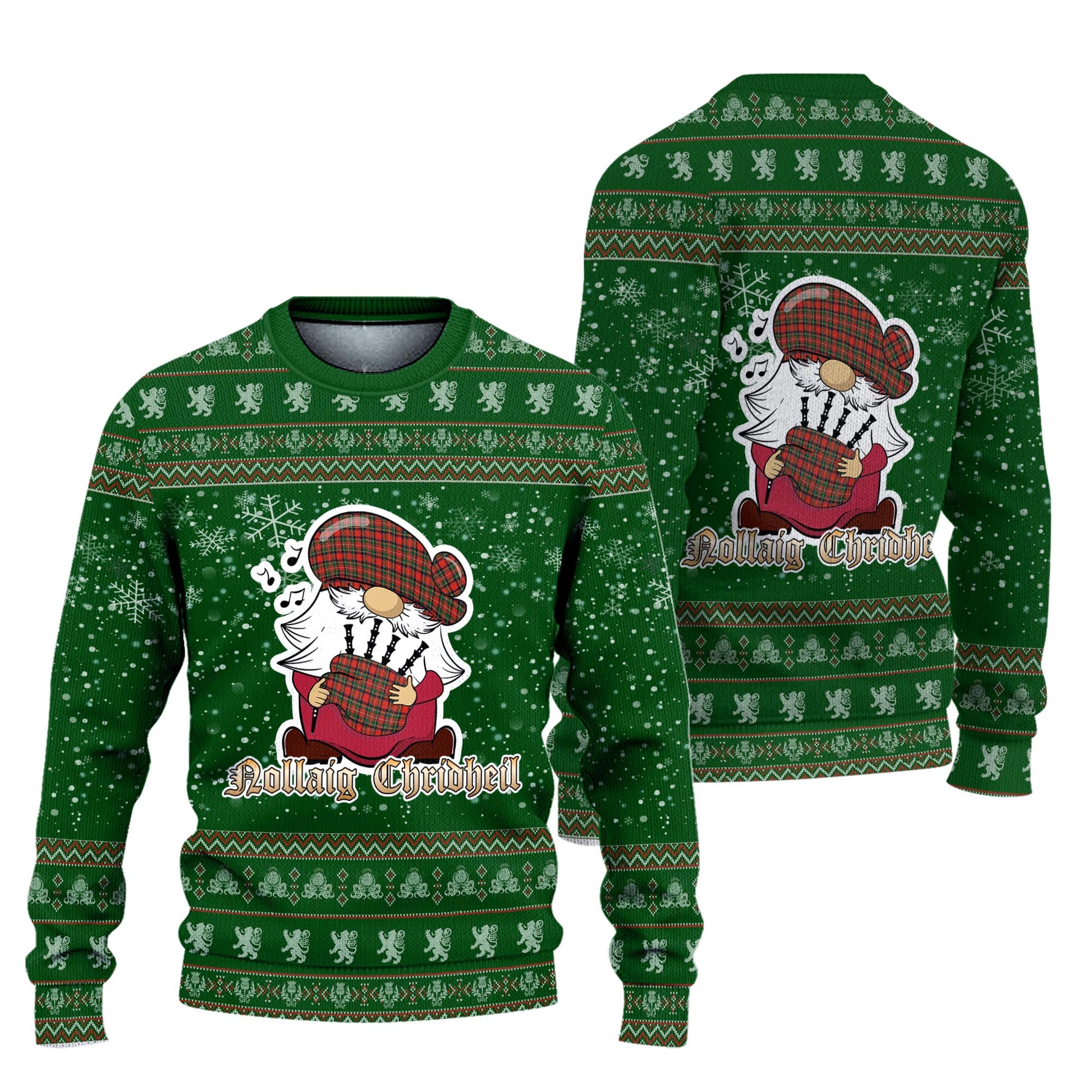 Stewart Royal Modern Clan Christmas Family Knitted Sweater with Funny Gnome Playing Bagpipes Unisex Green - Tartanvibesclothing