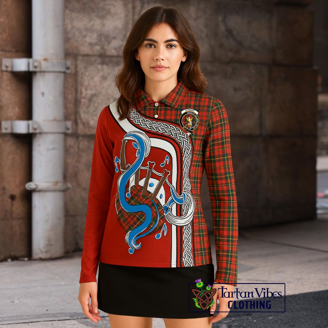 Stewart Royal Modern Tartan Long Sleeve Polo Shirt with Epic Bagpipe Style