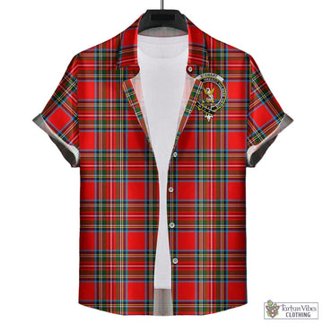 Stewart Royal Tartan Short Sleeve Button Down Shirt with Family Crest