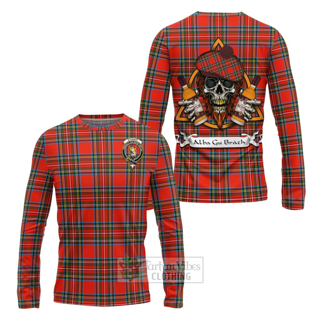Tartan Vibes Clothing Stewart (Stuart) Tartan Long Sleeve T-Shirt with Family Crest and Bearded Skull Holding Bottles of Whiskey