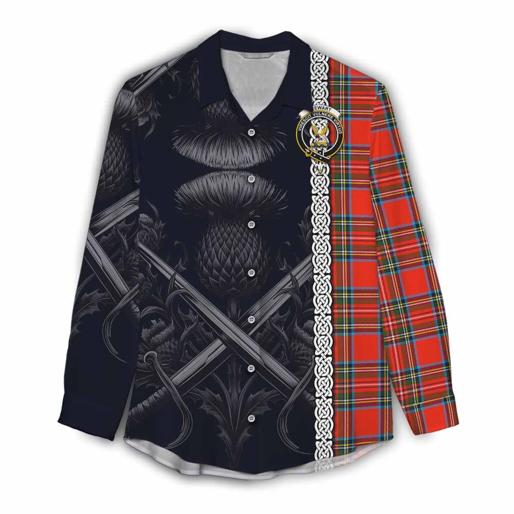 Tartan Vibes Clothing Stewart (Stuart) Tartan Women's Casual Shirt with Family Crest Cross Sword Thistle Celtic Vibes