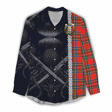 Tartan Vibes Clothing Stewart (Stuart) Tartan Women's Casual Shirt with Family Crest Cross Sword Thistle Celtic Vibes