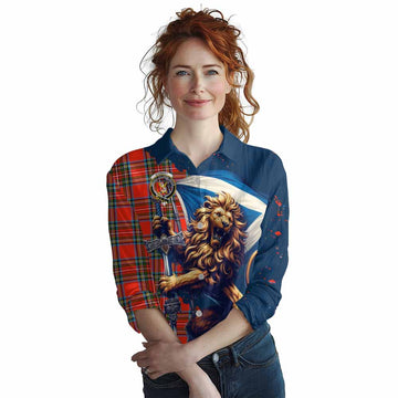 Tartan Vibes Clothing Stewart (Stuart) Tartan Family Crest Women's Casual Shirt with Scottish Majestic Lion