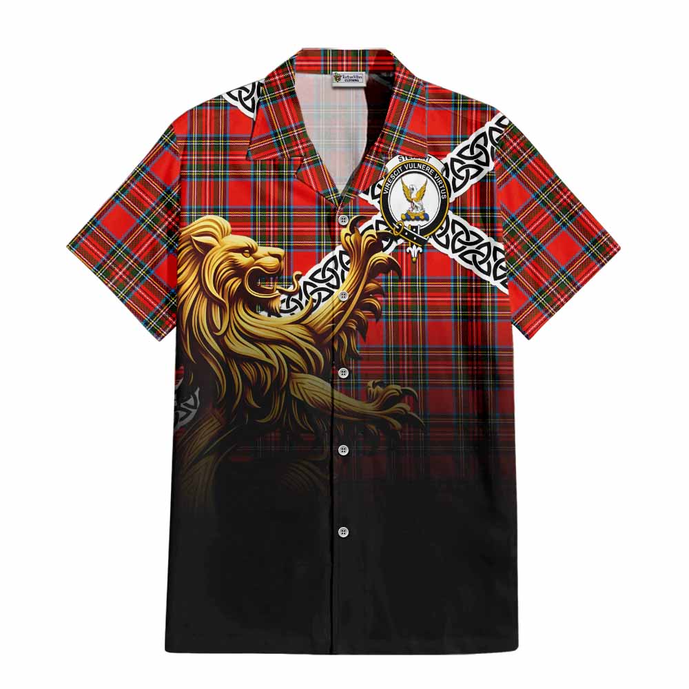 Tartan Vibes Clothing Stewart (Stuart) Crest Tartan Short Sleeve Button Shirt with Golden Lion Emblem Celtic Style