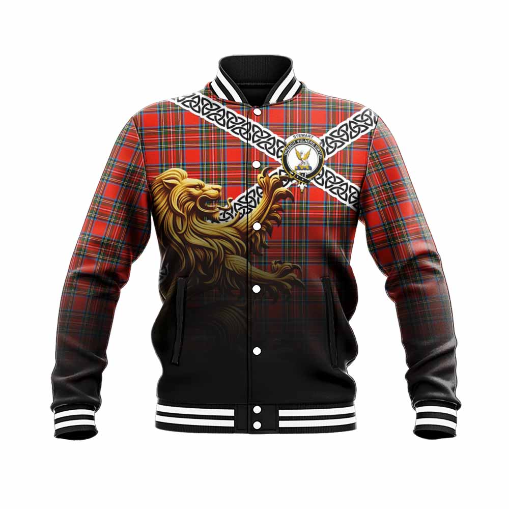 Tartan Vibes Clothing Stewart (Stuart) Crest Tartan Baseball Jacket with Golden Lion Emblem Celtic Style