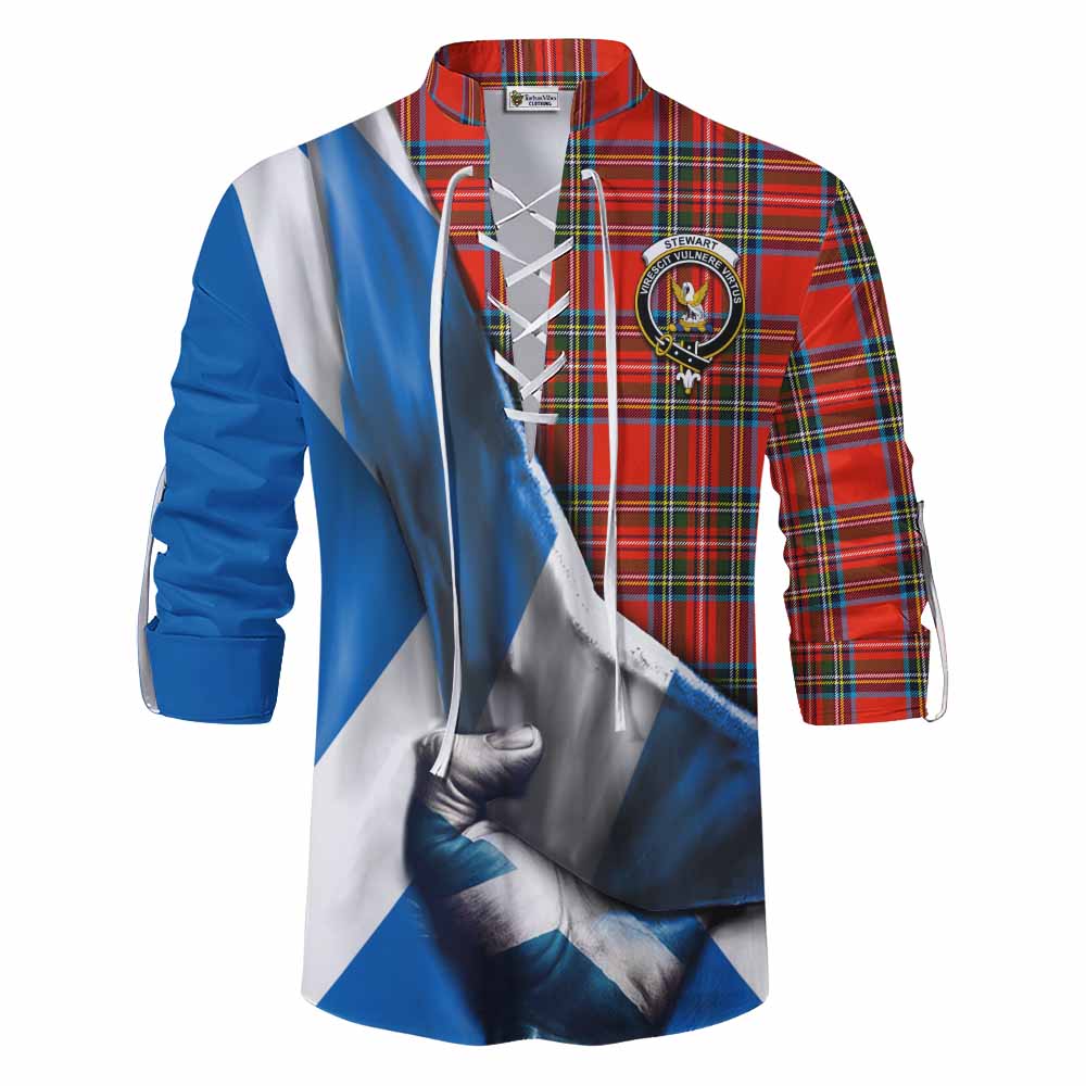 Tartan Vibes Clothing Stewart (Stuart) Tartan Ghillie Kilt Shirt with Family Crest Scotland Patriotic Style