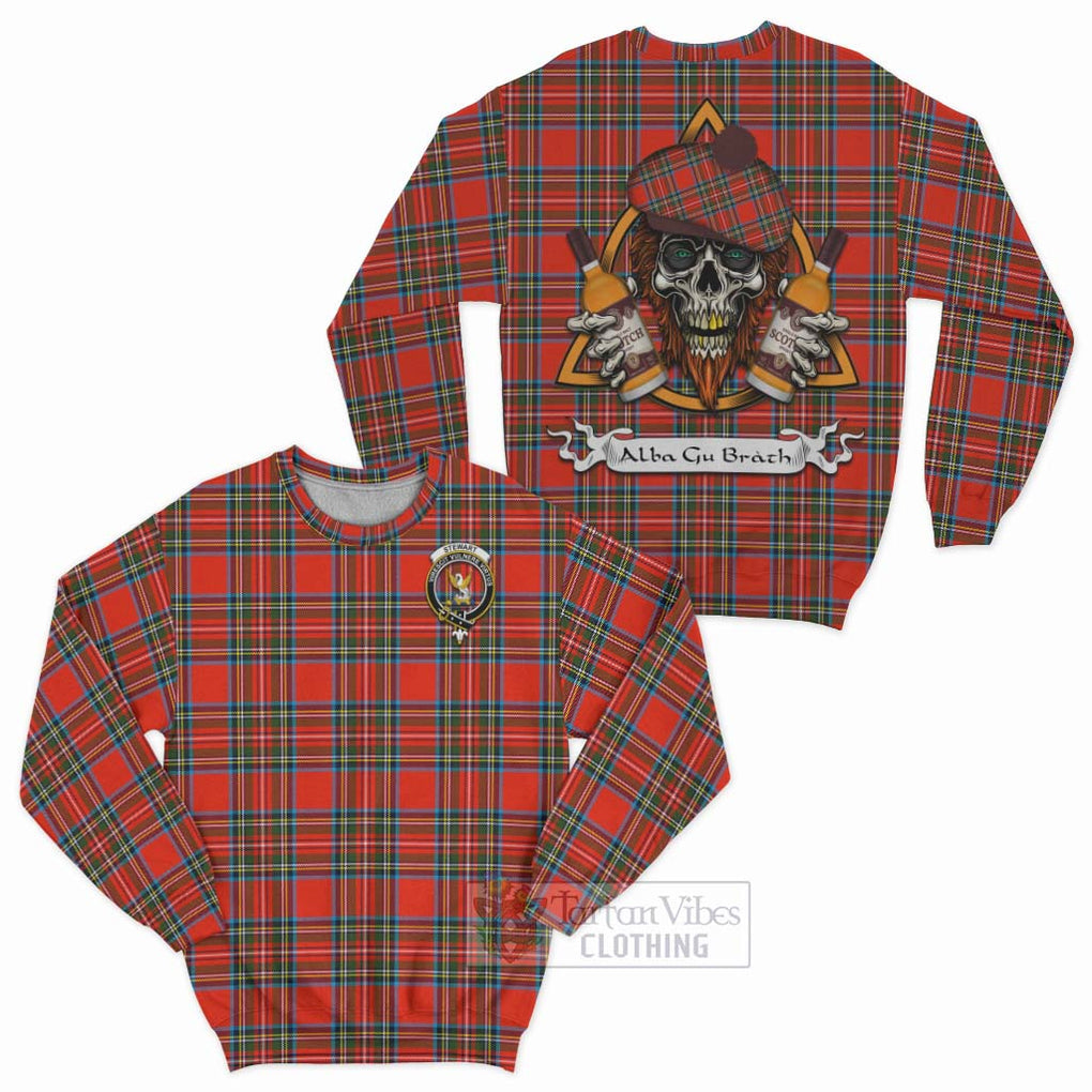 Tartan Vibes Clothing Stewart (Stuart) Tartan Sweatshirt with Family Crest and Bearded Skull Holding Bottles of Whiskey