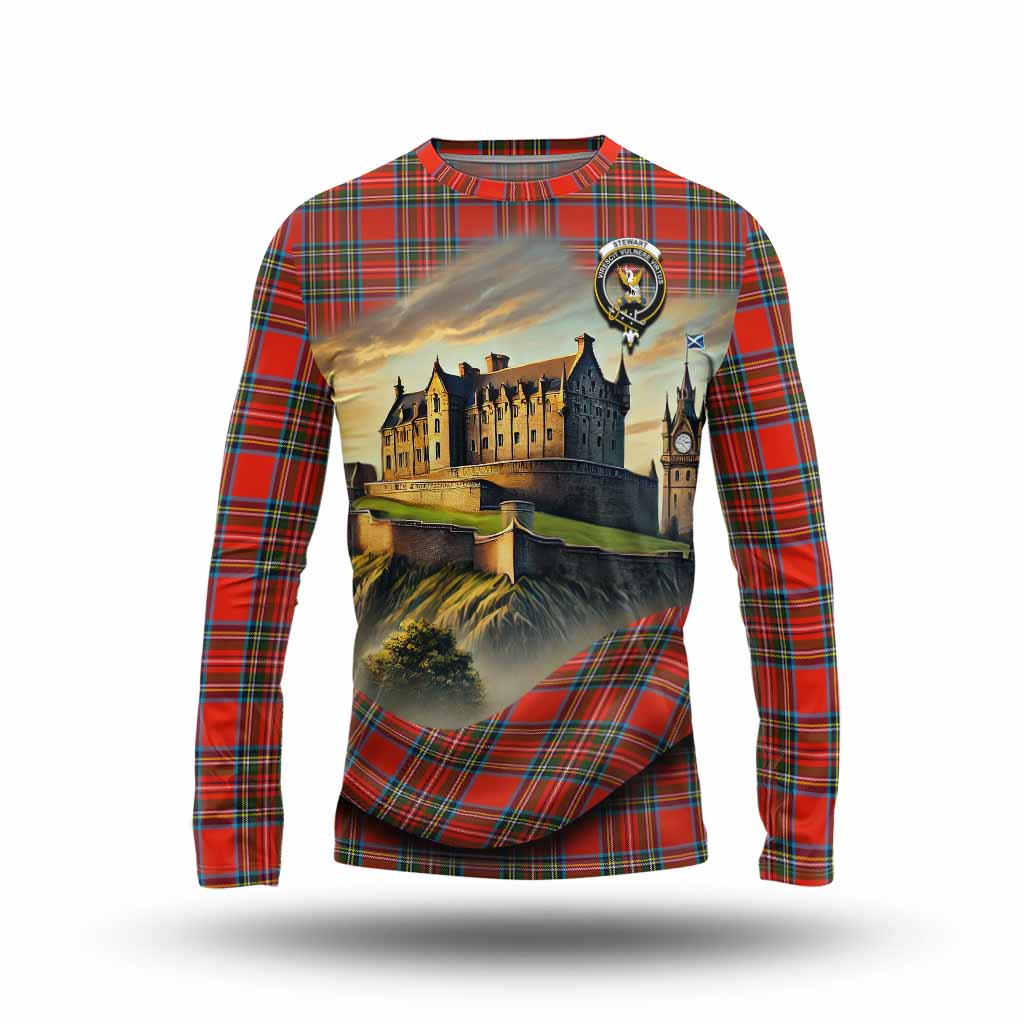 Tartan Vibes Clothing Stewart (Stuart) Tartan Family Crest Long Sleeve T-Shirt with Scottish Ancient Castle Style
