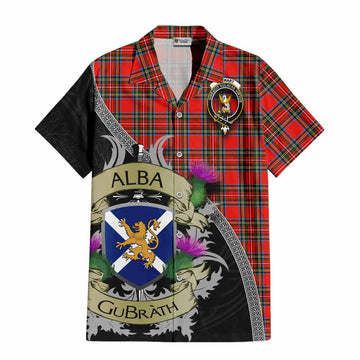 Tartan Vibes Clothing Stewart (Stuart) Tartan Family Crest Short Sleeve Button Shirt Lion Rampant Royal Thistle Shield Celtic Inspired