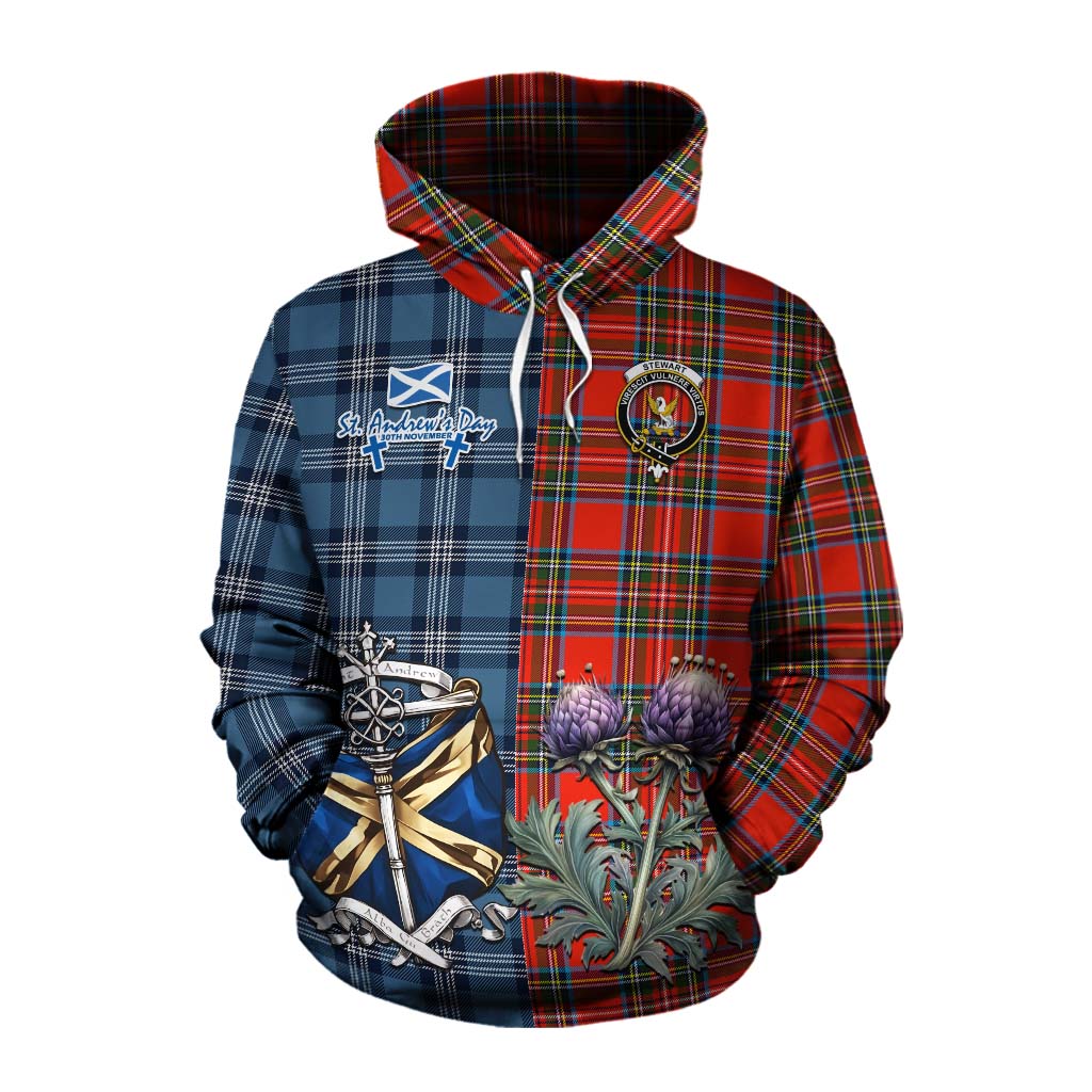 Tartan Vibes Clothing Stewart (Stuart) Tartan Cotton Hoodie Happy St. Andrew's Day Half Tartan Style