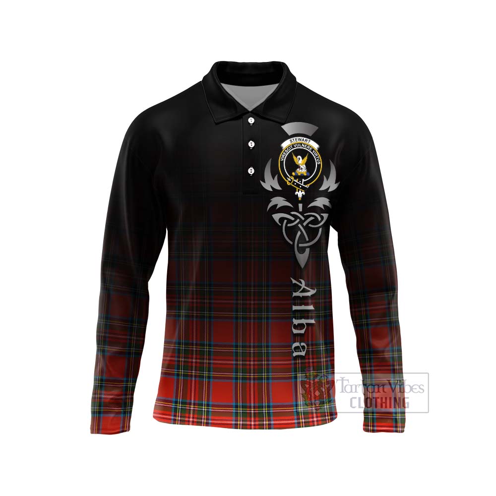 Tartan Vibes Clothing Stewart (Stuart) Tartan Long Sleeve Polo Shirt Featuring Alba Gu Brath Family Crest Celtic Inspired