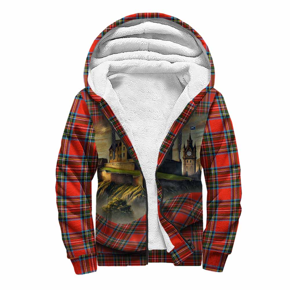 Tartan Vibes Clothing Stewart (Stuart) Tartan Family Crest Sherpa Hoodie with Scottish Ancient Castle Style