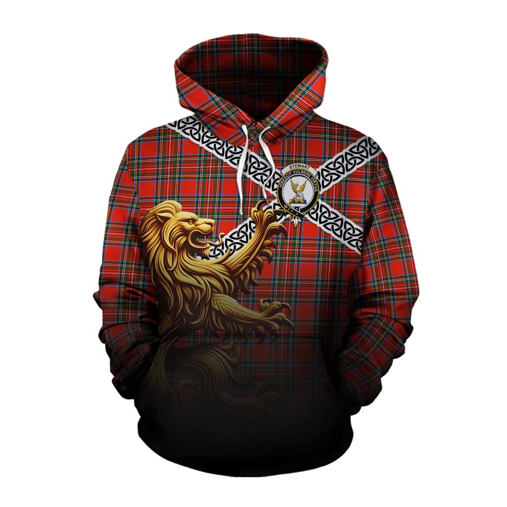 Tartan Vibes Clothing Stewart (Stuart) Crest Tartan Cotton Hoodie with Golden Lion Emblem Celtic Style