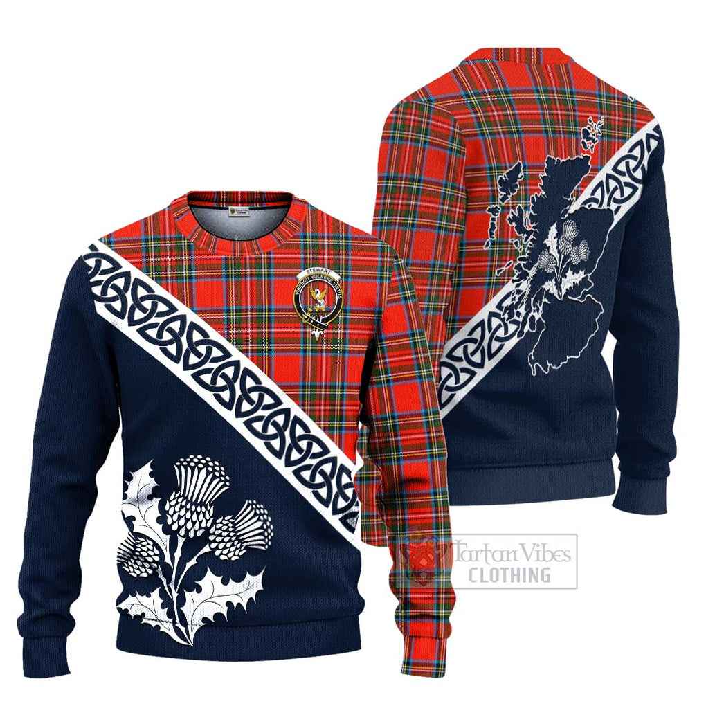 Tartan Vibes Clothing Stewart (Stuart) Tartan Knitted Sweater Featuring Thistle and Scotland Map