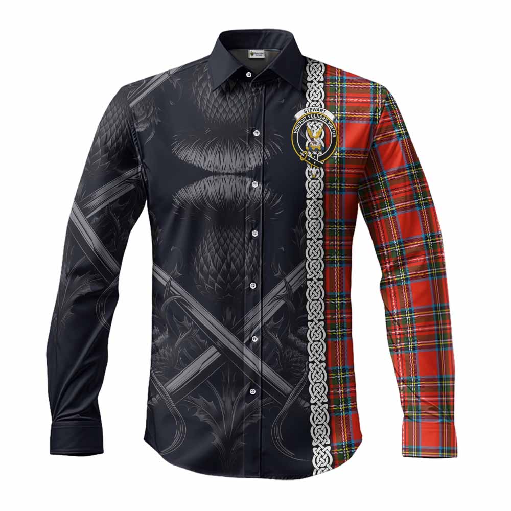 Tartan Vibes Clothing Stewart (Stuart) Tartan Long Sleeve Button Shirt with Family Crest Cross Sword Thistle Celtic Vibes