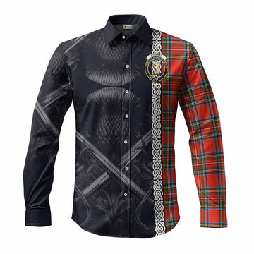 Stewart (Stuart) Tartan Long Sleeve Button Shirt with Family Crest Cross Sword Thistle Celtic Vibes