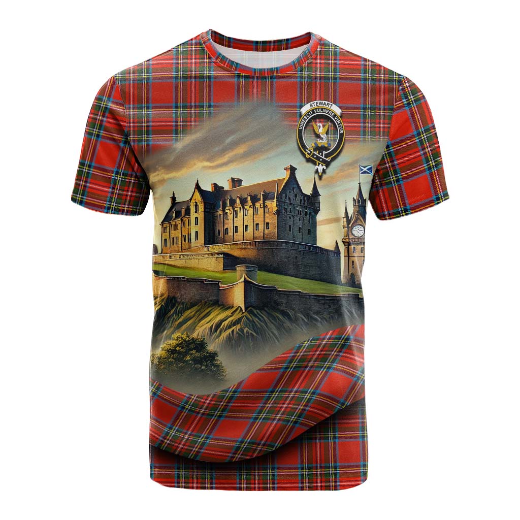 Tartan Vibes Clothing Stewart (Stuart) Tartan Family Crest Cotton T-shirt with Scottish Ancient Castle Style