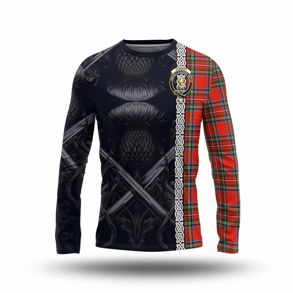 Tartan Vibes Clothing Stewart (Stuart) Tartan Long Sleeve T-Shirt with Family Crest Cross Sword Thistle Celtic Vibes