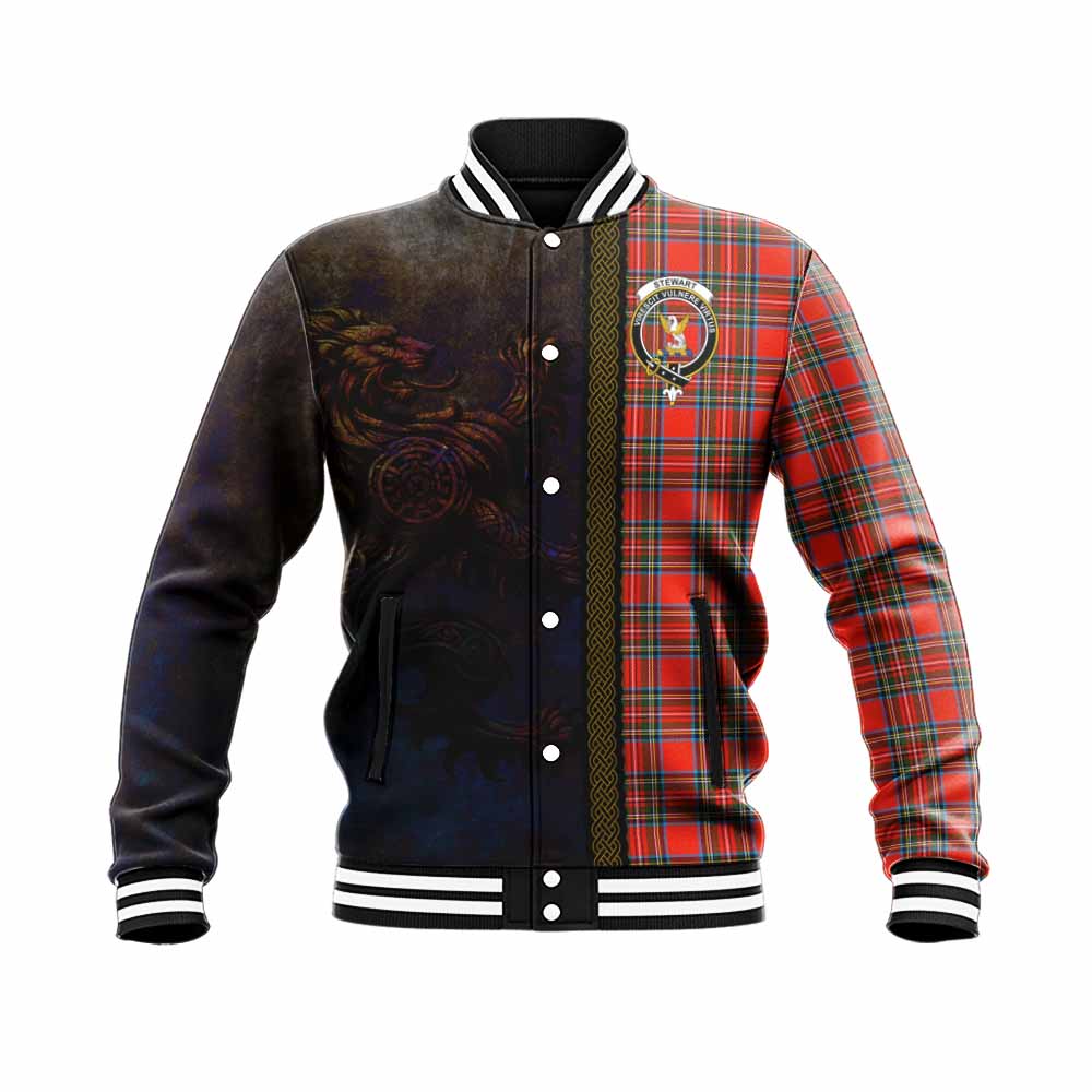 Tartan Vibes Clothing Stewart (Stuart) Tartan Family Crest Baseball Jacket Alba Gu Brath Be Brave Lion Ancient Style