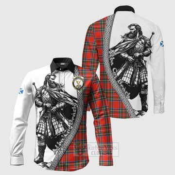 Stewart (Stuart) Tartan Clan Crest Long Sleeve Button Shirt with Highlander Warrior Celtic Style