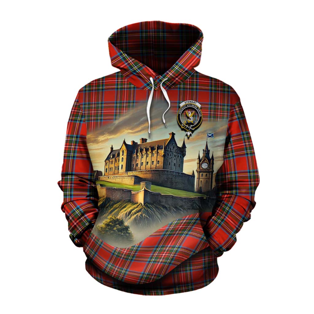 Tartan Vibes Clothing Stewart (Stuart) Tartan Family Crest Cotton Hoodie with Scottish Ancient Castle Style