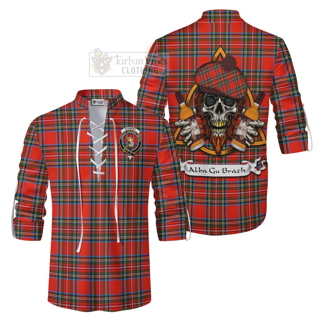 Tartan Vibes Clothing Stewart (Stuart) Tartan Ghillie Kilt Shirt with Family Crest and Bearded Skull Holding Bottles of Whiskey