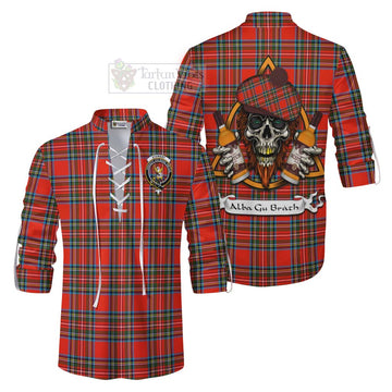 Tartan Vibes Clothing Stewart (Stuart) Tartan Ghillie Kilt Shirt with Family Crest and Bearded Skull Holding Bottles of Whiskey