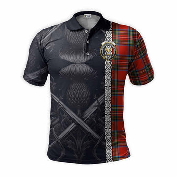 Stewart (Stuart) Tartan Polo Shirt with Family Crest Cross Sword Thistle Celtic Vibes