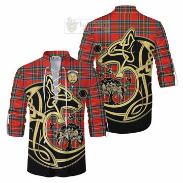 Tartan Vibes Clothing Stewart (Stuart) Tartan Ghillie Kilt Shirt with Family Crest Celtic Wolf Style