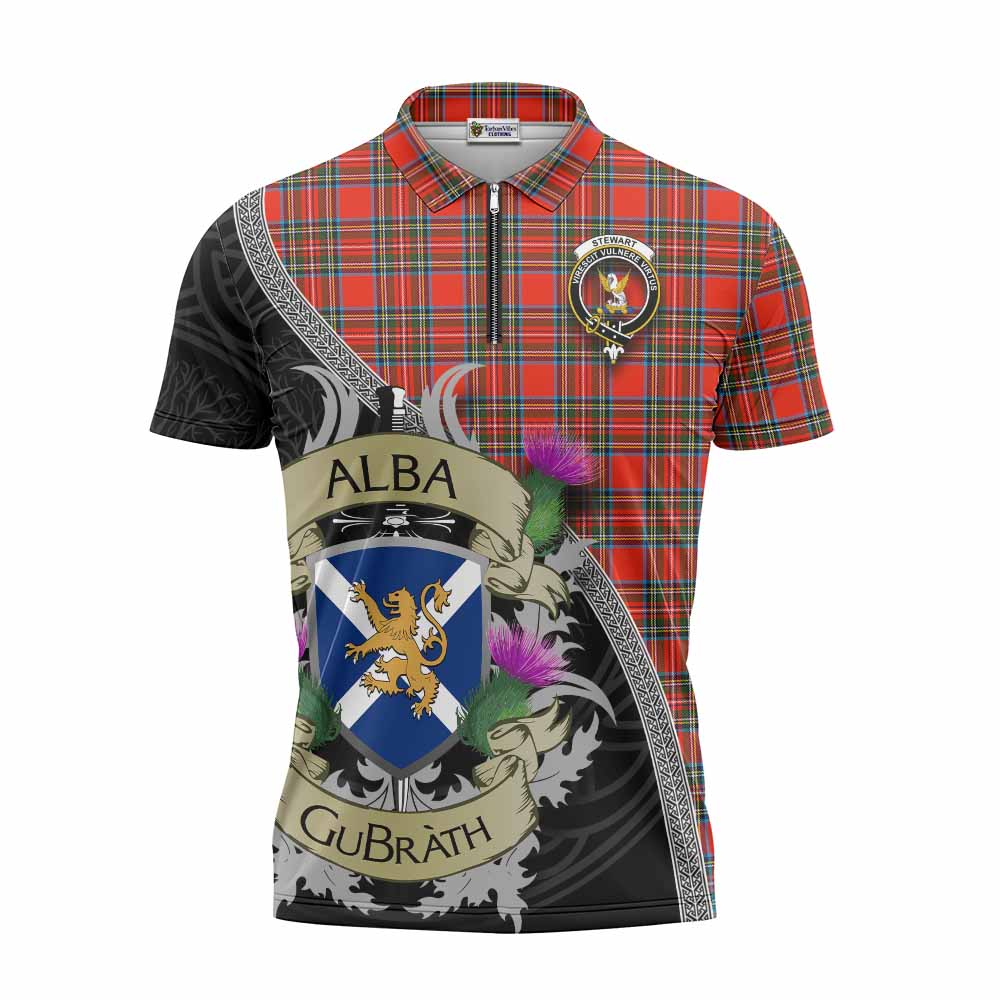 Tartan Vibes Clothing Stewart (Stuart) Tartan Family Crest Zipper Polo Shirt Lion Rampant Royal Thistle Shield Celtic Inspired