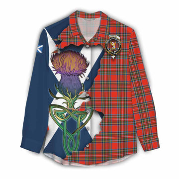 Tartan Vibes Clothing Stewart (Stuart) Tartan Family Crest Women's Casual Shirt Scottish Thistle Celtic Inspired