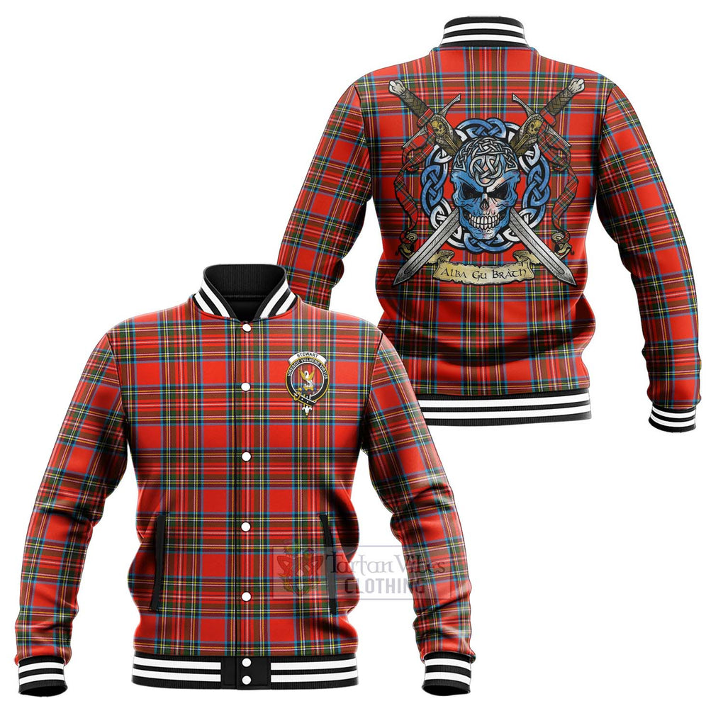 Tartan Vibes Clothing Stewart (Stuart) Tartan Baseball Jacket with Family Crest Celtic Skull Style