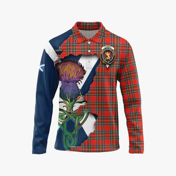 Tartan Vibes Clothing Stewart (Stuart) Tartan Family Crest Long Sleeve Polo Shirt Scottish Thistle Celtic Inspired
