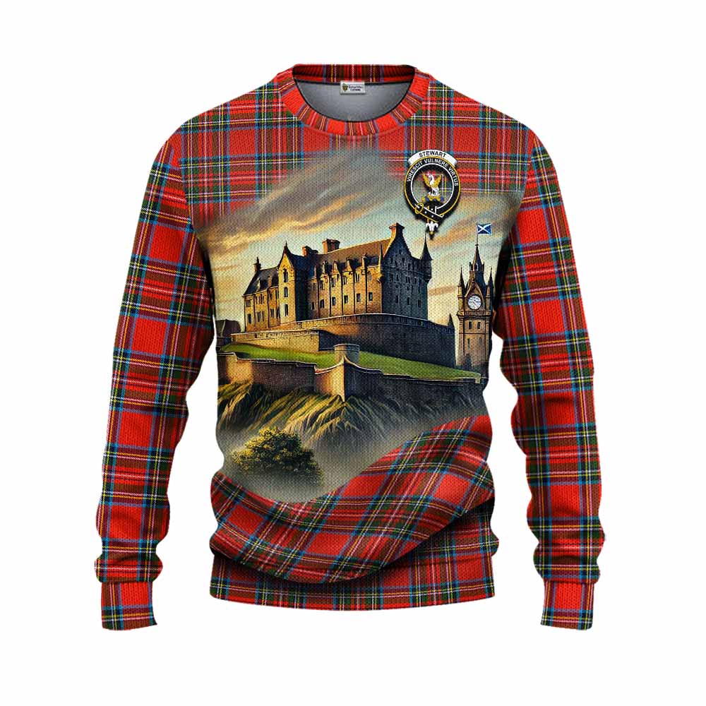 Tartan Vibes Clothing Stewart (Stuart) Tartan Family Crest Knitted Sweater with Scottish Ancient Castle Style