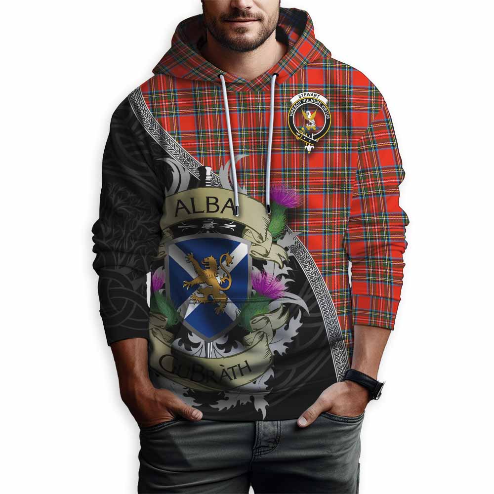 Tartan Vibes Clothing Stewart (Stuart) Tartan Family Crest Hoodie Lion Rampant Royal Thistle Shield Celtic Inspired