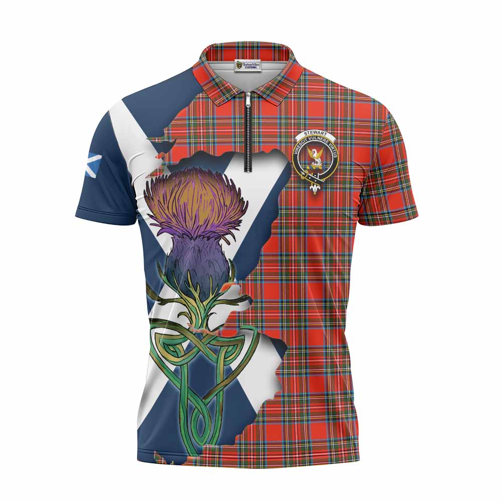Tartan Vibes Clothing Stewart (Stuart) Tartan Family Crest Zipper Polo Shirt Scottish Thistle Celtic Inspired