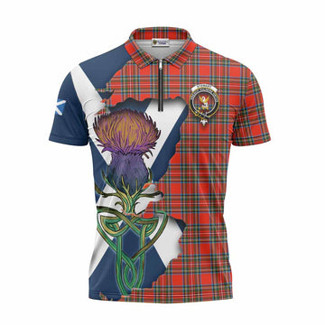 Stewart (Stuart) Tartan Family Crest Zipper Polo Shirt Scottish Thistle Celtic Inspired