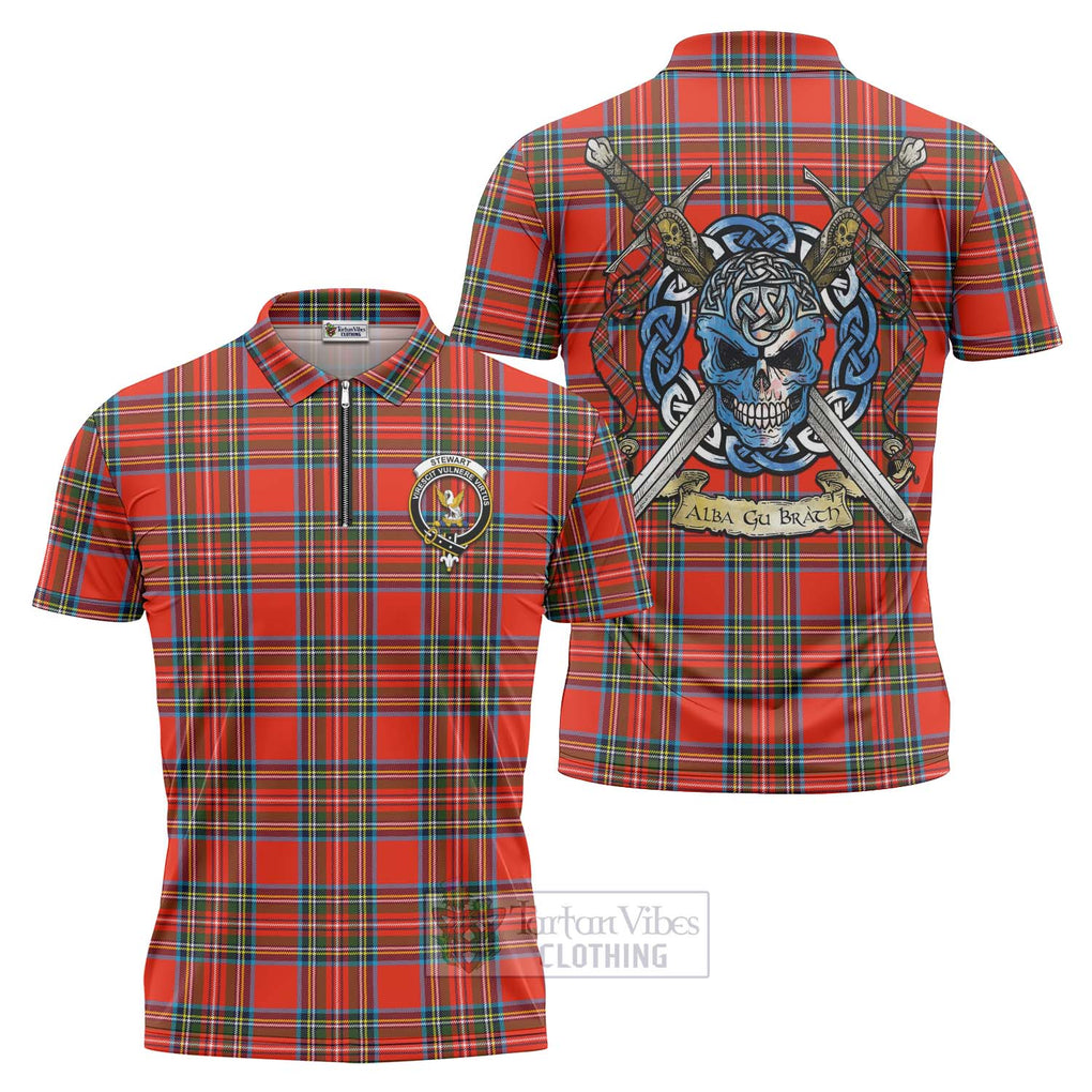 Stewart (Stuart) Tartan Zipper Polo Shirt with Family Crest Celtic Skull Style Unisex - Tartan Vibes Clothing