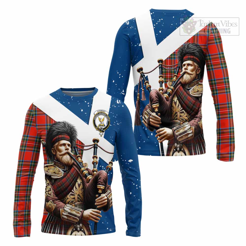 Tartan Vibes Clothing Stewart (Stuart) Tartan Long Sleeve T-Shirt with Family Crest Scottish Bagpiper Vibes