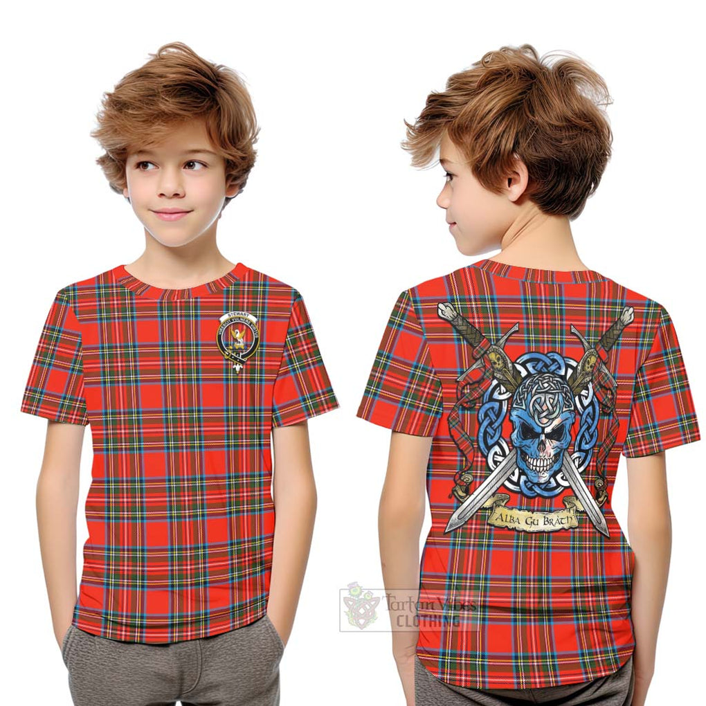Tartan Vibes Clothing Stewart (Stuart) Tartan Kid T-Shirt with Family Crest Celtic Skull Style