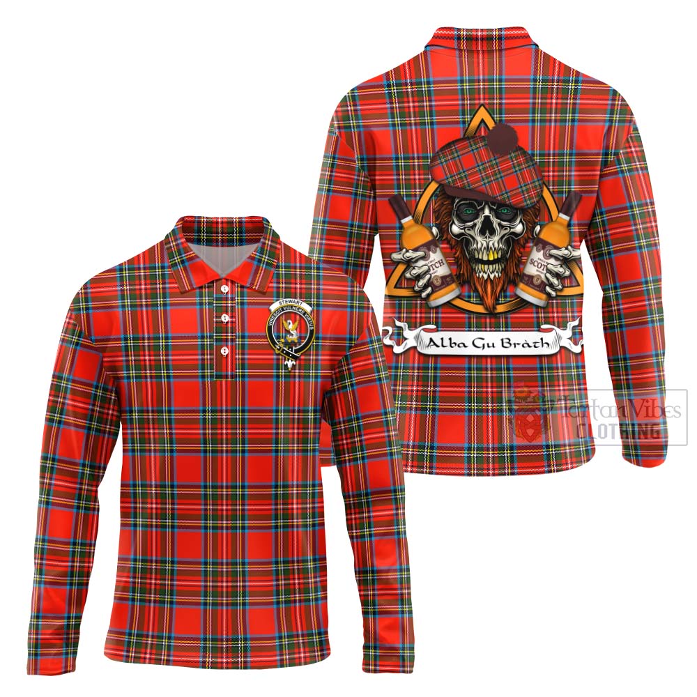 Tartan Vibes Clothing Stewart (Stuart) Tartan Long Sleeve Polo Shirt with Family Crest and Bearded Skull Holding Bottles of Whiskey