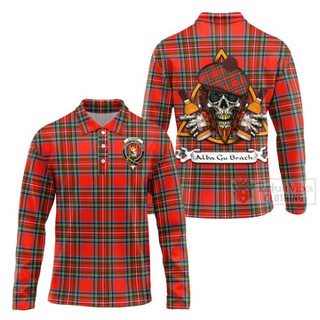 Tartan Vibes Clothing Stewart (Stuart) Tartan Long Sleeve Polo Shirt with Family Crest and Bearded Skull Holding Bottles of Whiskey