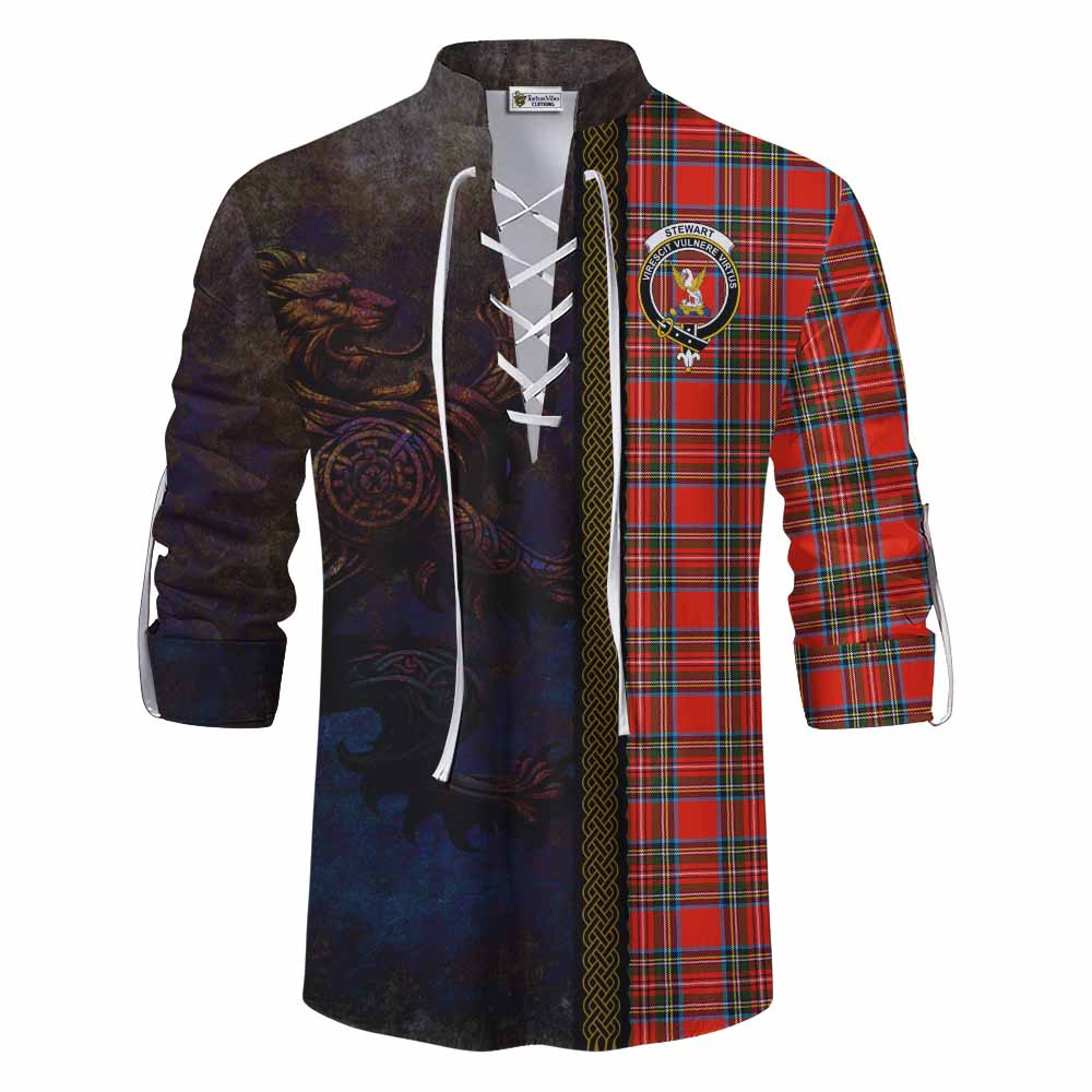 Tartan Vibes Clothing Stewart (Stuart) Tartan Family Crest Ghillie Kilt Shirt Alba Gu Brath Be Brave Lion Ancient Style