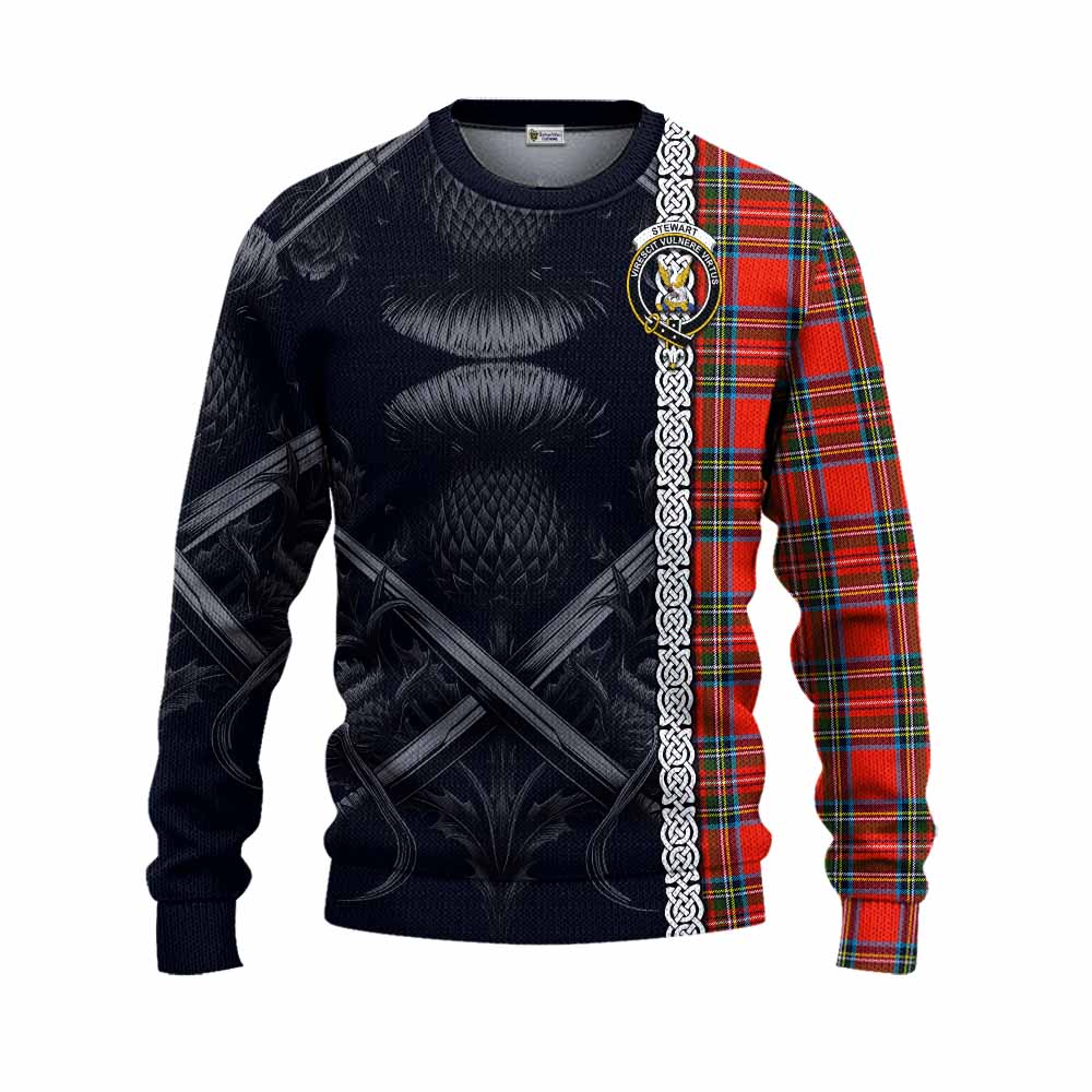 Tartan Vibes Clothing Stewart (Stuart) Tartan Knitted Sweater with Family Crest Cross Sword Thistle Celtic Vibes