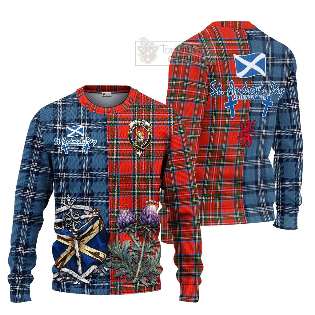 Tartan Vibes Clothing Stewart (Stuart) Tartan Knitted Sweater Happy St. Andrew's Day Half Tartan Style