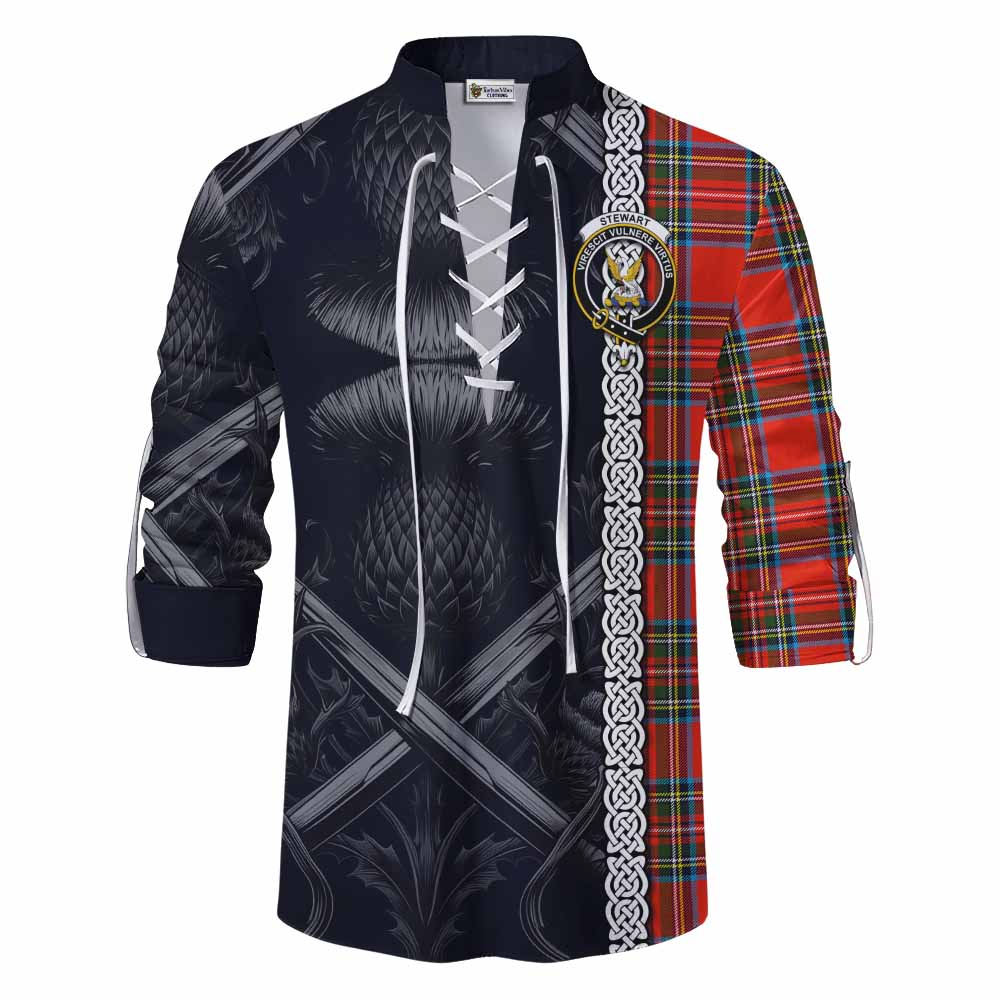 Tartan Vibes Clothing Stewart (Stuart) Tartan Ghillie Kilt Shirt with Family Crest Cross Sword Thistle Celtic Vibes
